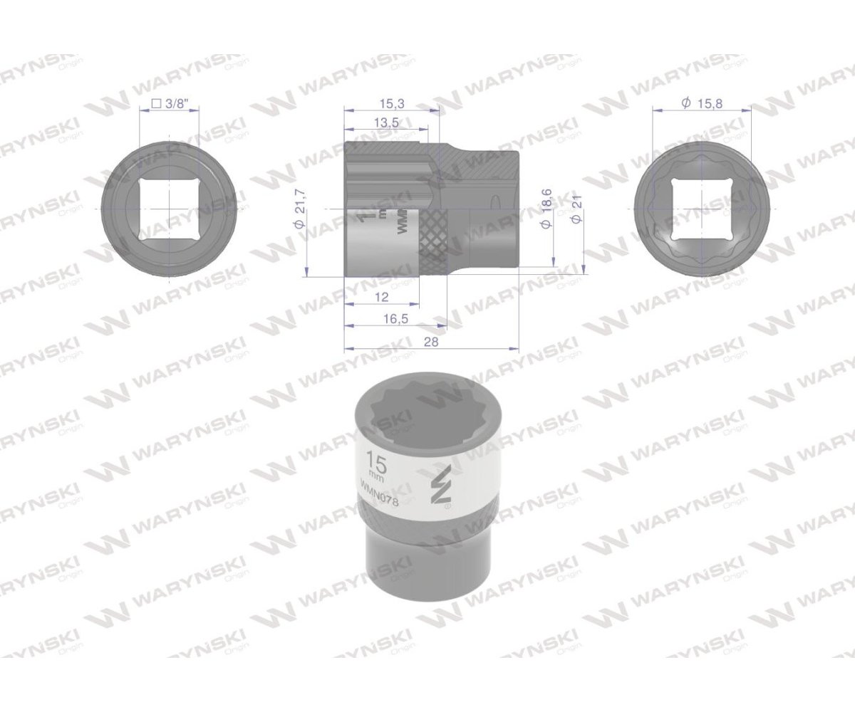 Nasadka dwunastokątna 3/8". 15 mm. CrV50BV30. DIN 3124. Waryński