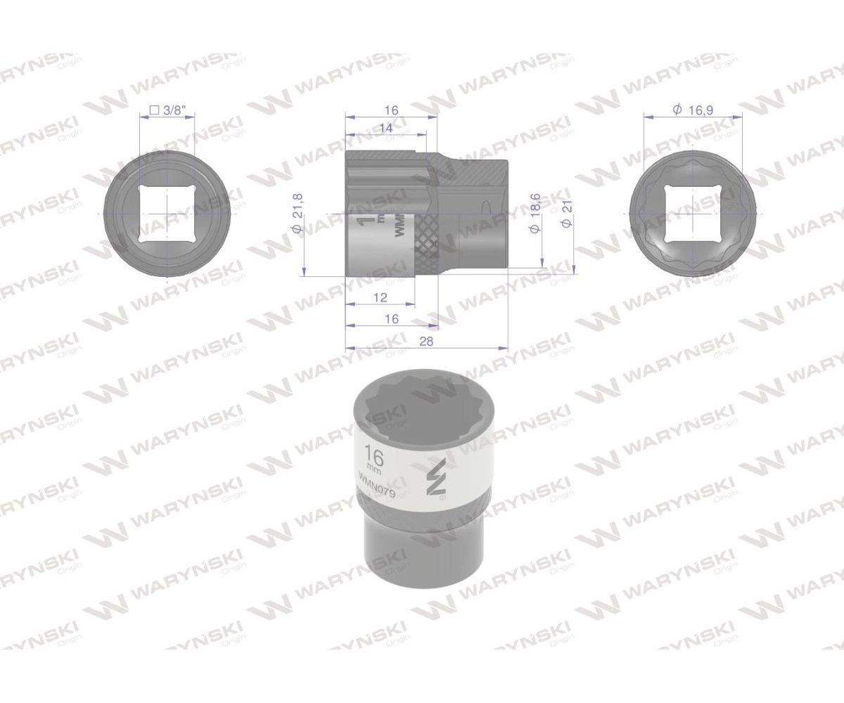 Nasadka dwunastokątna 3/8". 16 mm. CrV50BV30. DIN 3124. Waryński