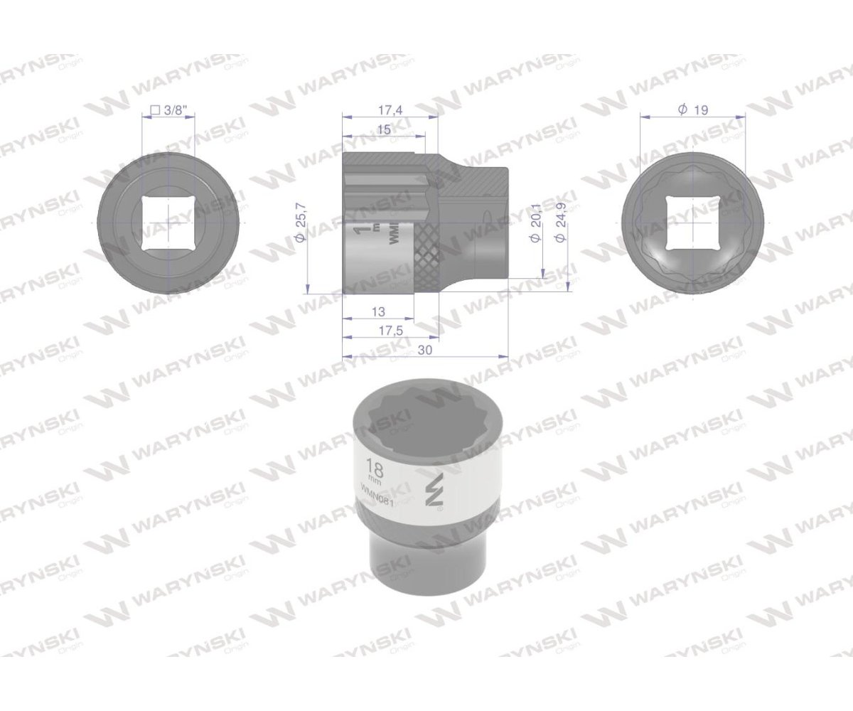 Nasadka dwunastokątna 3/8". 18 mm. CrV50BV30. DIN 3124. Waryński
