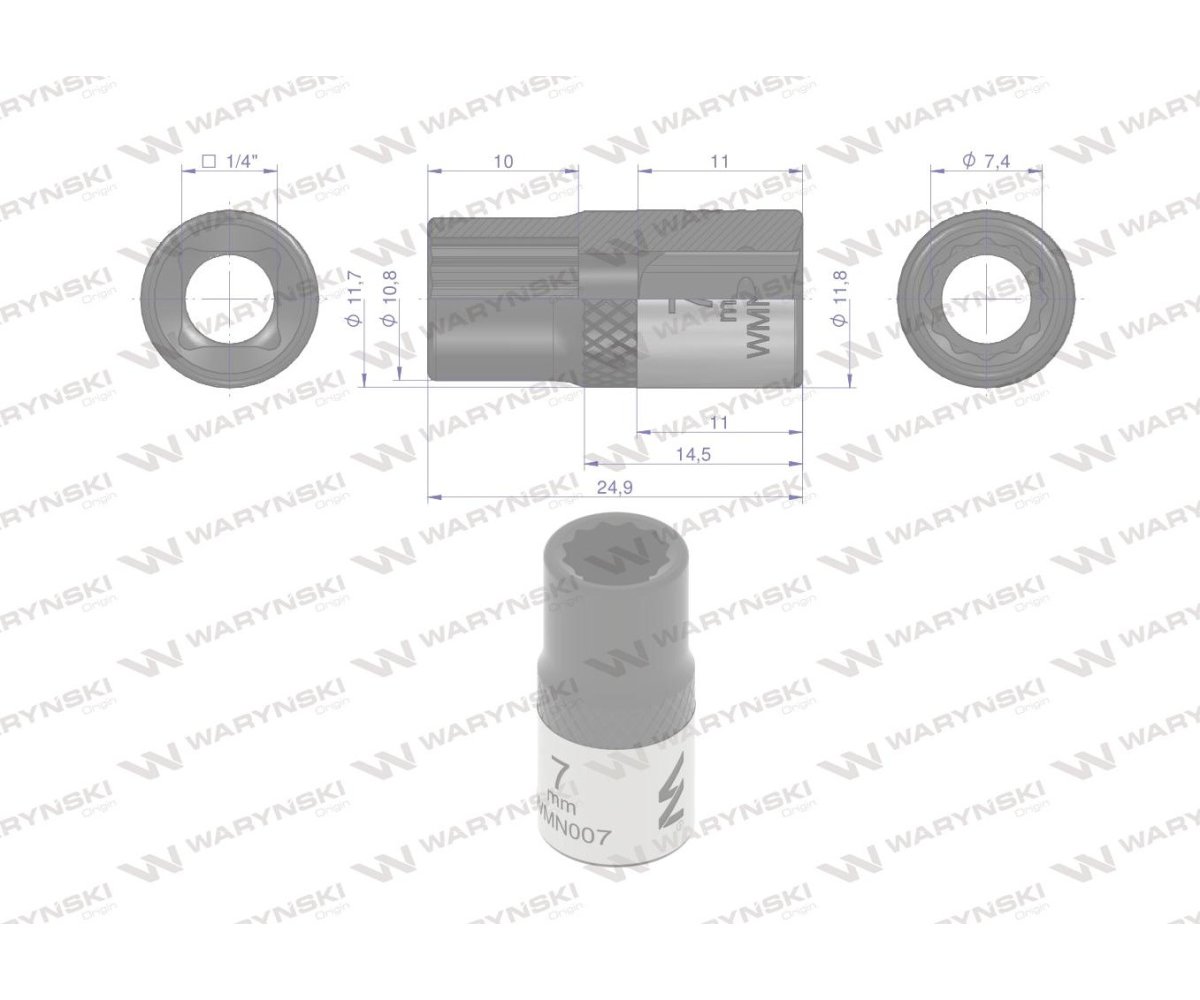 Nasadka dwunastokątna 1/4". 7 mm. CrV50BV30. DIN 3124. Waryński