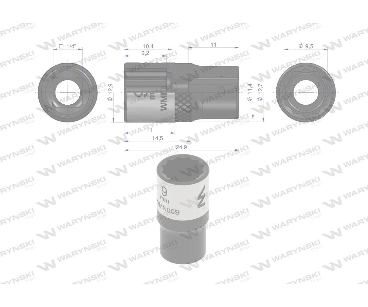 Nasadka dwunastokątna 1/4". 9 mm. CrV50BV30. DIN 3124. Waryński