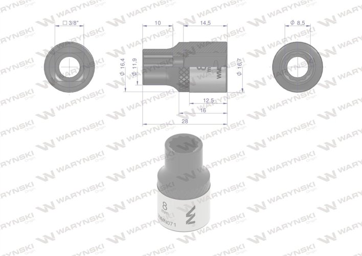 Nasadka dwunastokątna 3/8". 8 mm. CrV50BV30. DIN 3124. Waryński