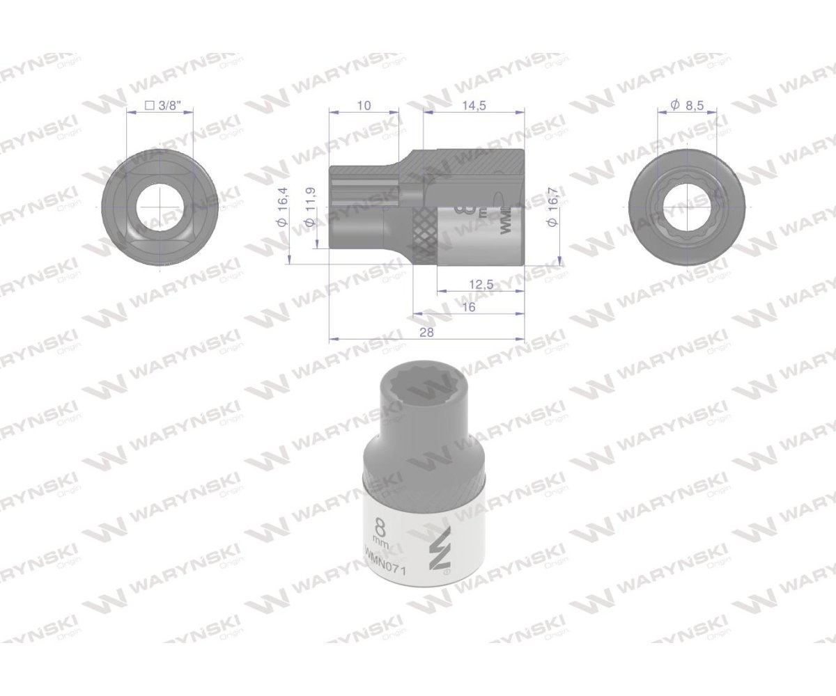 Nasadka dwunastokątna 3/8". 8 mm. CrV50BV30. DIN 3124. Waryński