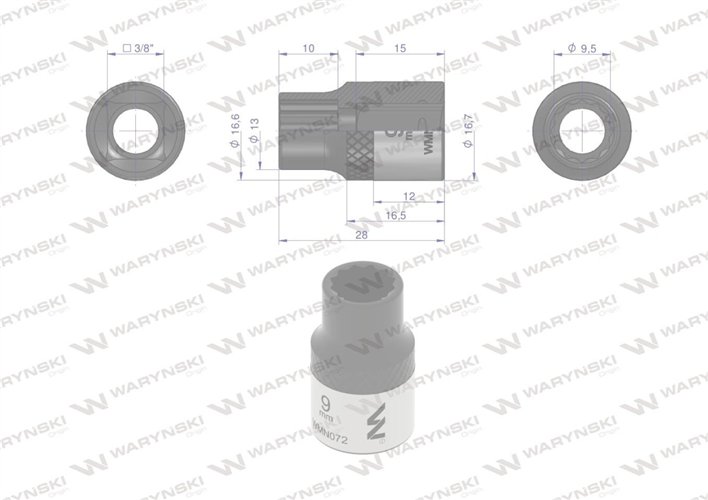 Nasadka dwunastokątna 3/8". 9 mm. CrV50BV30. DIN 3124. Waryński