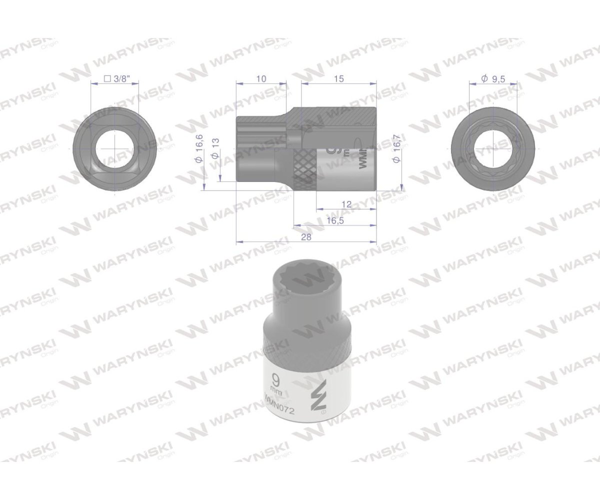 Nasadka dwunastokątna 3/8". 9 mm. CrV50BV30. DIN 3124. Waryński