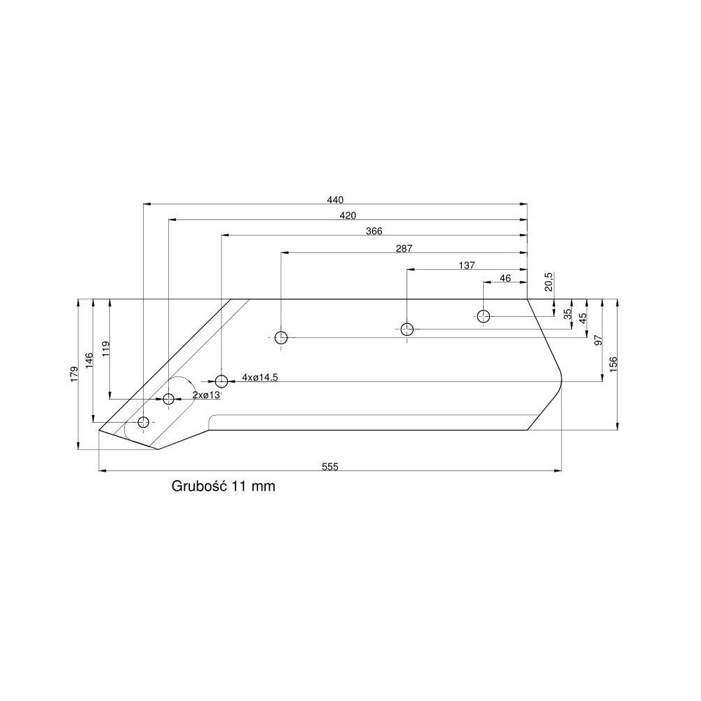 Lemiesz prawy 16" Kverneland Vulcan pasuje śruba M12X34OV2 - 3 szt.