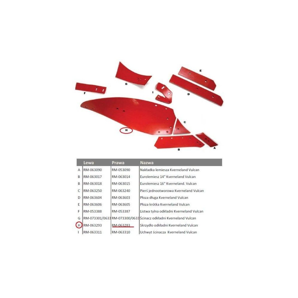 Skrzydło odkładni prawe 14"-16" Kverneland Vulcan pasuje śruba M12X35NOS - 10 szt.