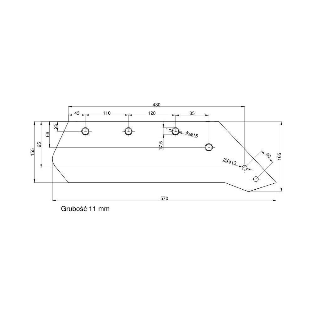 Eurolemiesz prawy 16" Kverneland Vulcan pasuje śruba M14X34OV1 - 4 szt.