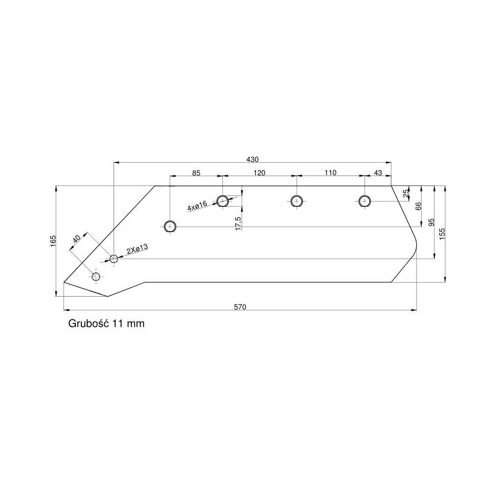 Eurolemiesz lewy 16" Kverneland Vulcan pasuje śruba M14X34OV1 - 4 szt.