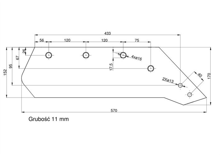 Eurolemiesz prawy 16" Kverneland Vulcan pasuje śruba M14X34OV - 4 szt.