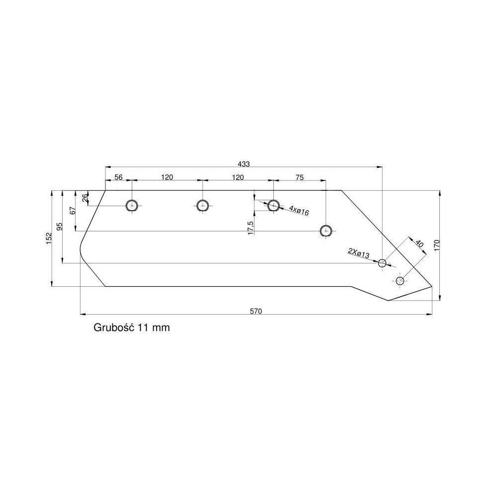 Eurolemiesz prawy 16" Kverneland Vulcan pasuje śruba M14X34OV - 4 szt.