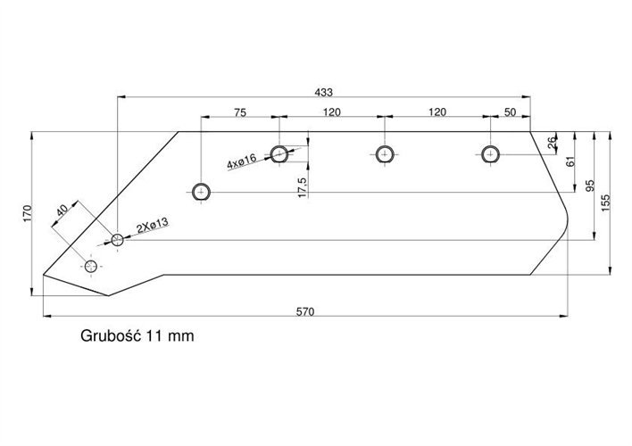 Eurolemiesz lewy 16" Kverneland Vulcan pasuje śruba M14X34OV - 4 szt.