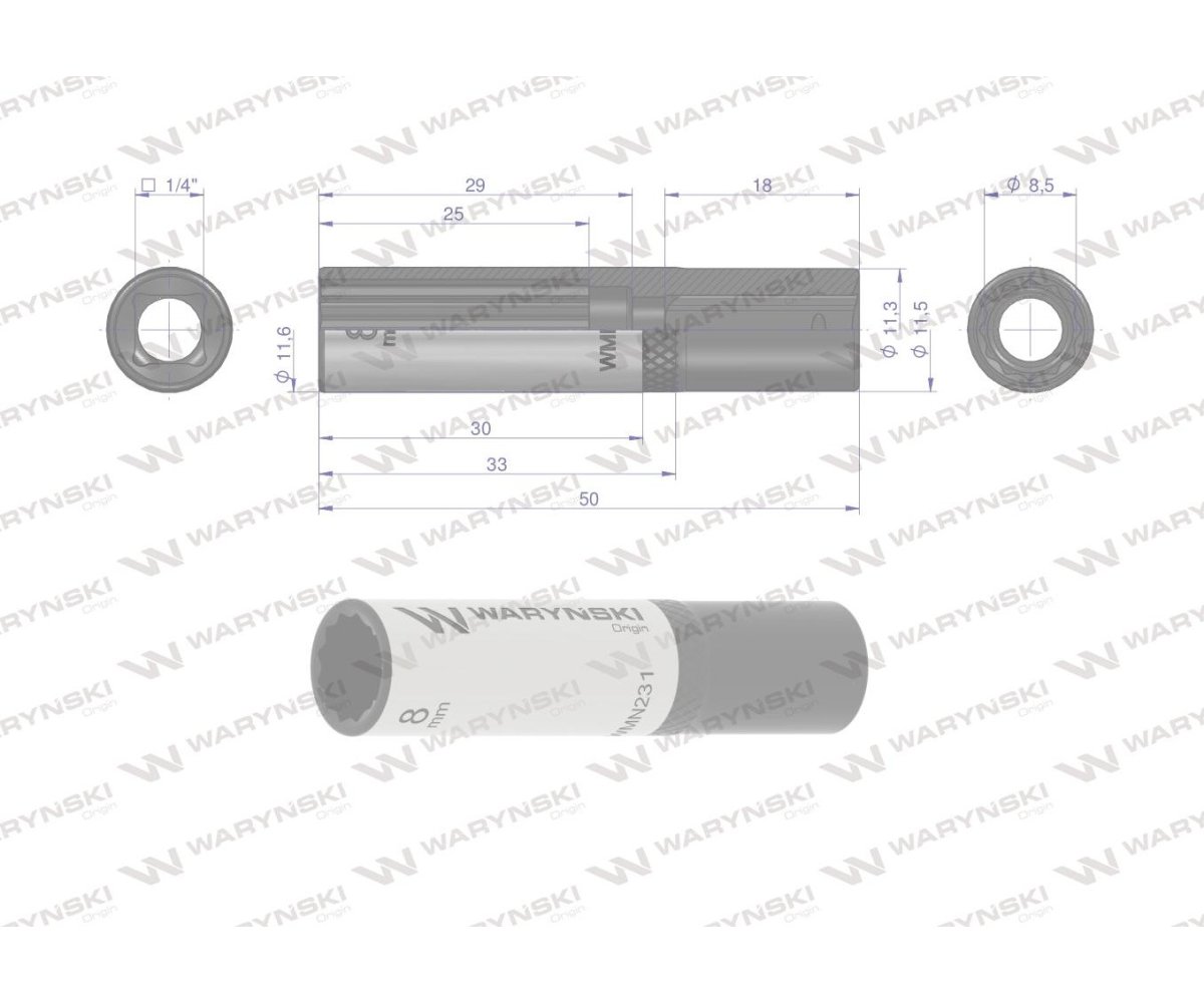 Nasadka dwunastokątna 1/4". 8 mm. długa. CrV50BV30. DIN 3124. Waryński
