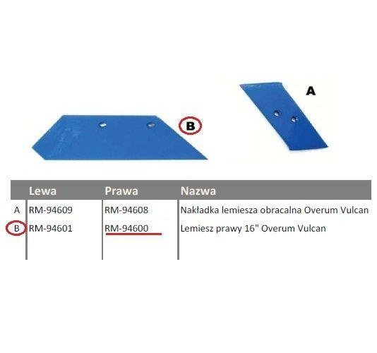 Lemiesz prawy 16" Overum Vulcan pasuje śruba M12X35NOS - 2 szt.