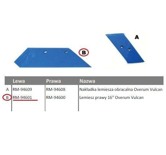 Lemiesz lewy 16" Overum Vulcan pasuje śruba M12X35NOS - 2 szt.