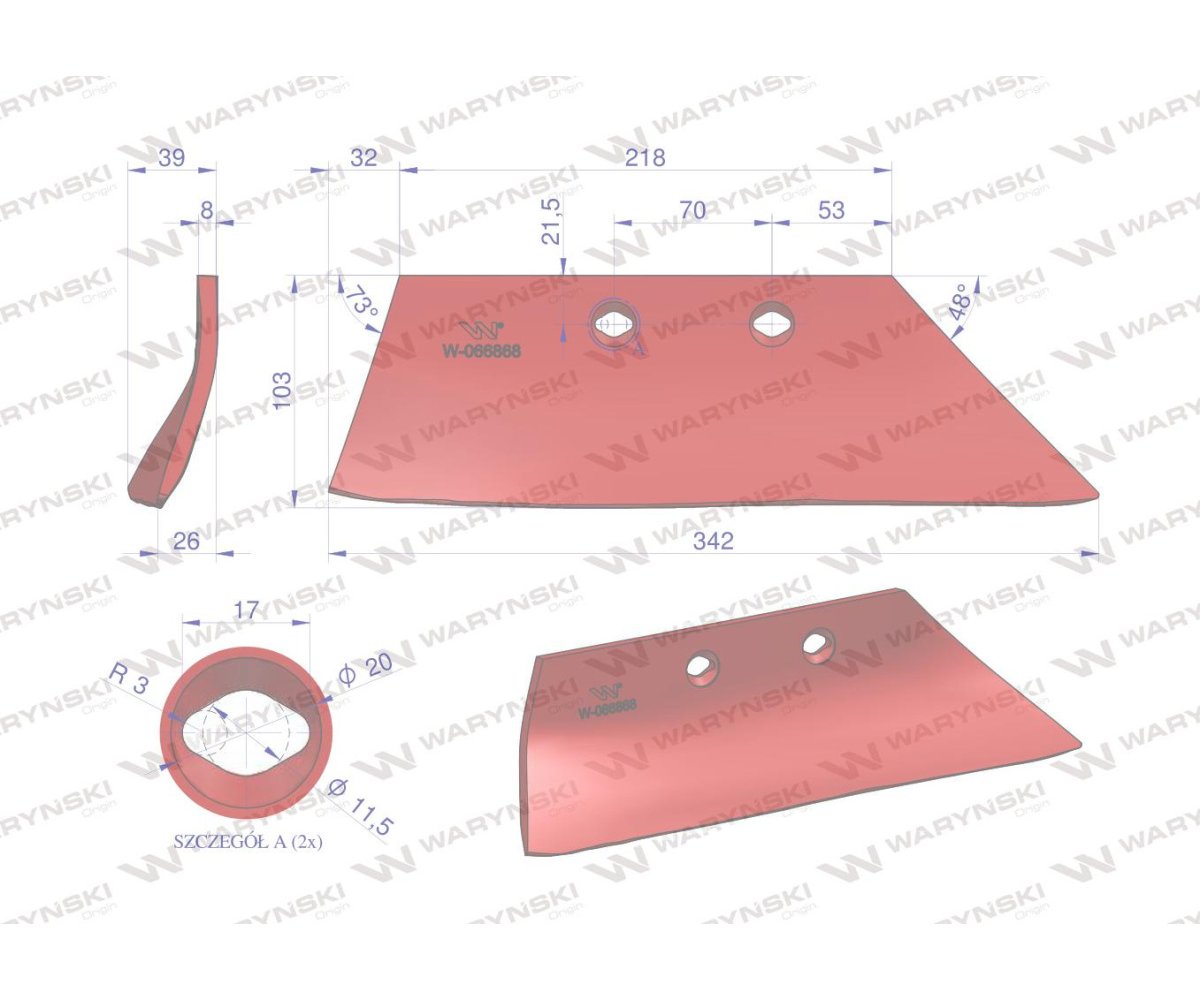 Lemiesz przedpłużka prawy 8. 9 zastosowanie Kverneland stal borowa Waryński