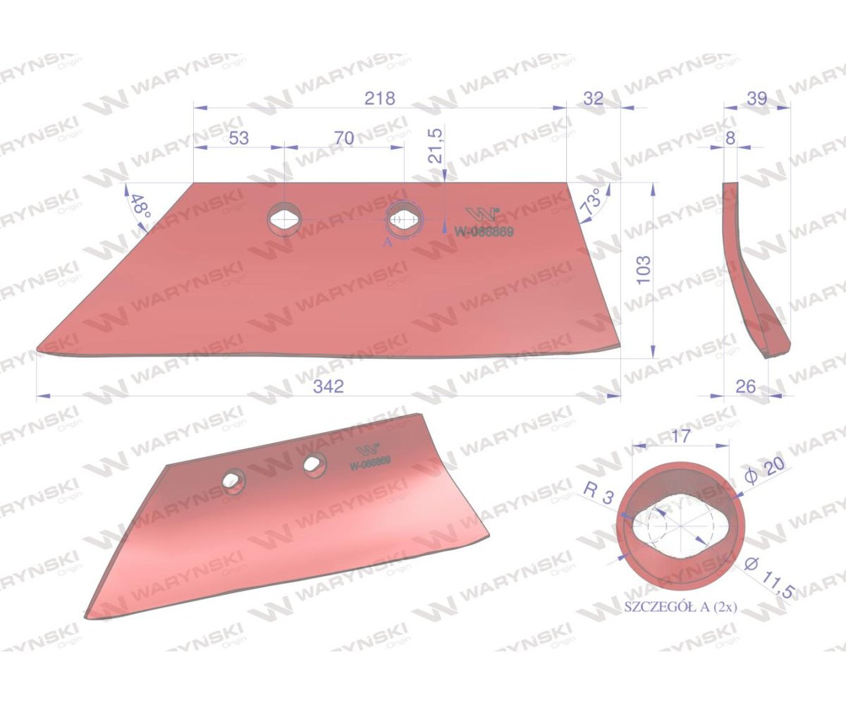 Lemiesz przedpłużka lewy 8. 9 zastosowanie Kverneland stal borowa Waryński