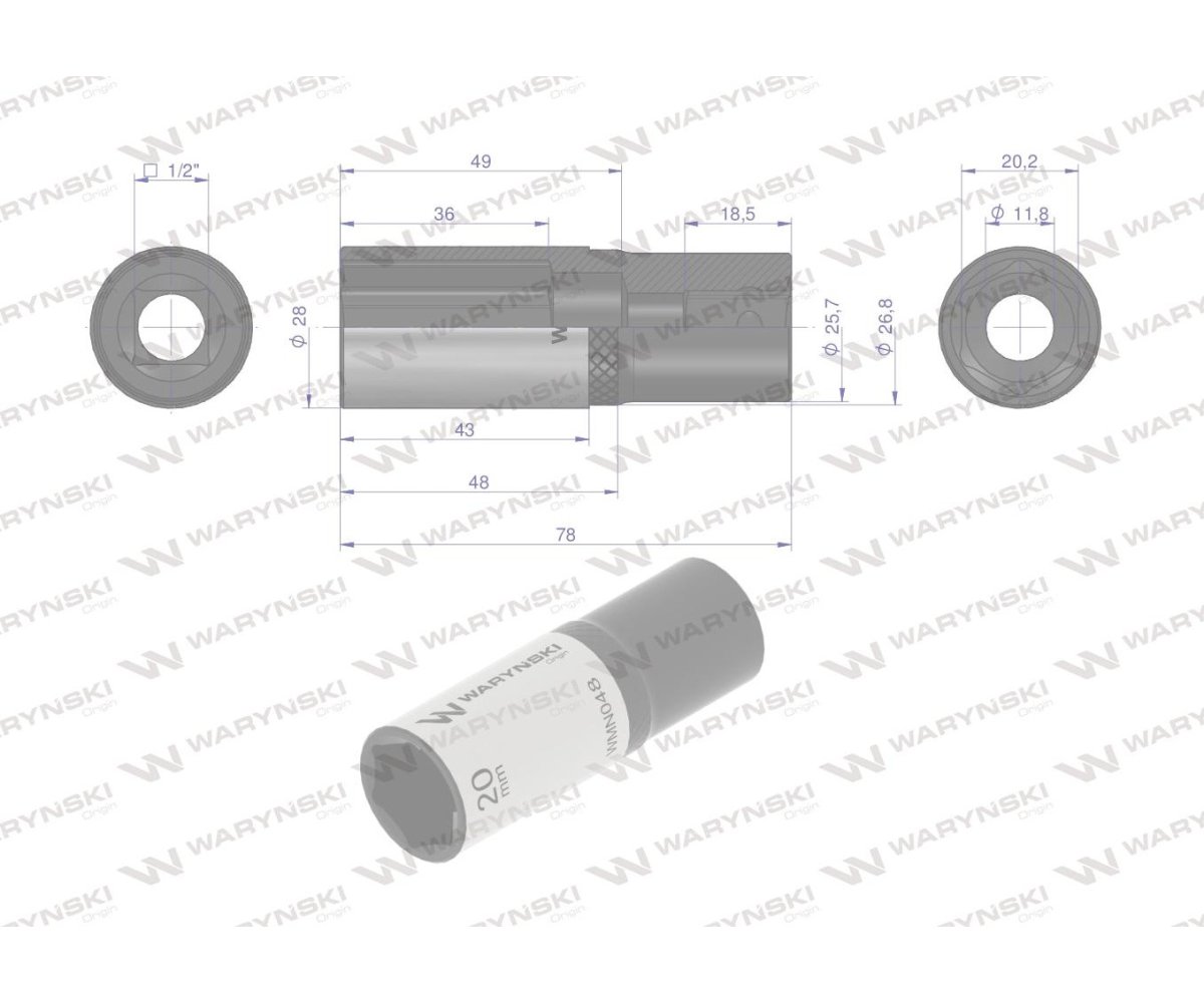 Nasadka sześciokątna 1/2". 20 mm. długa. CrV50BV30. DIN 3124. Waryński