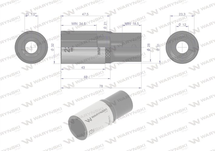 Nasadka sześciokątna 1/2". 23 mm. długa. CrV50BV30. DIN 3124. Waryński