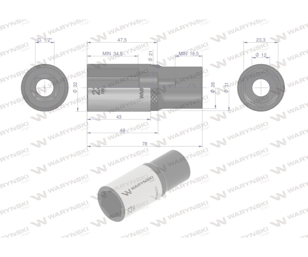 Nasadka sześciokątna 1/2". 23 mm. długa. CrV50BV30. DIN 3124. Waryński