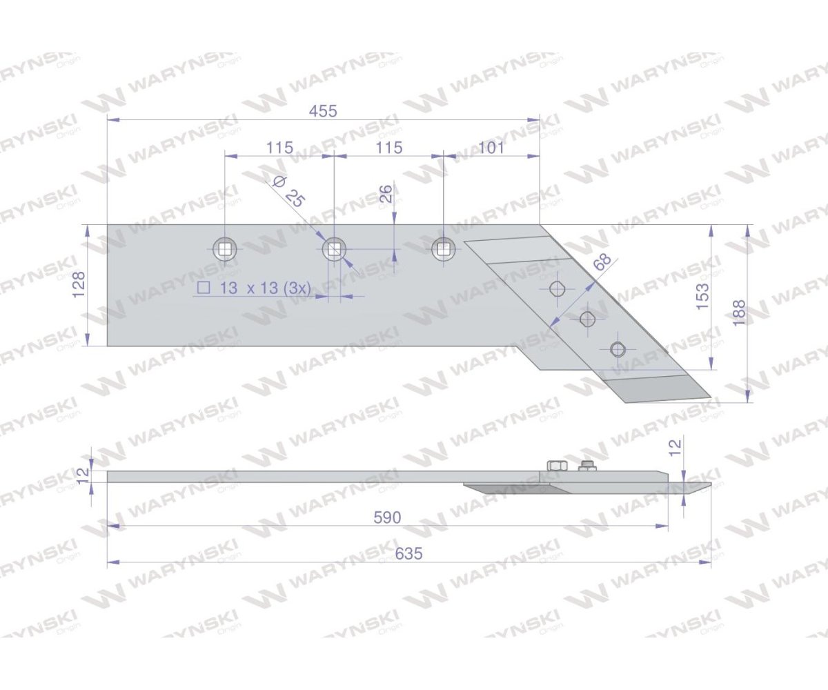 Lemiesz 4-skibowy z dłutem zastosowanie PR48 grubość 12mm Unia Pług stal borowa WARYŃSKI