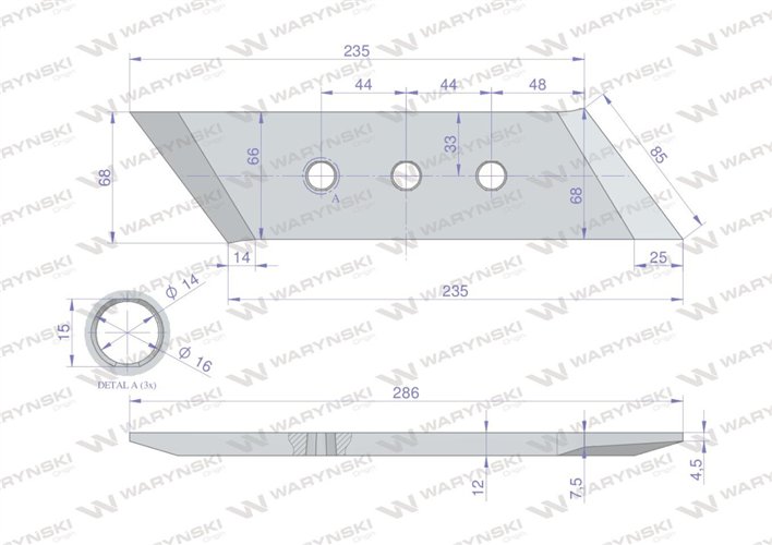 Dłuto nakładka lemiesza lewe trzyotworowe zastosowanie VIS/34 XL Unia Pług stal borowa WARYŃSKI