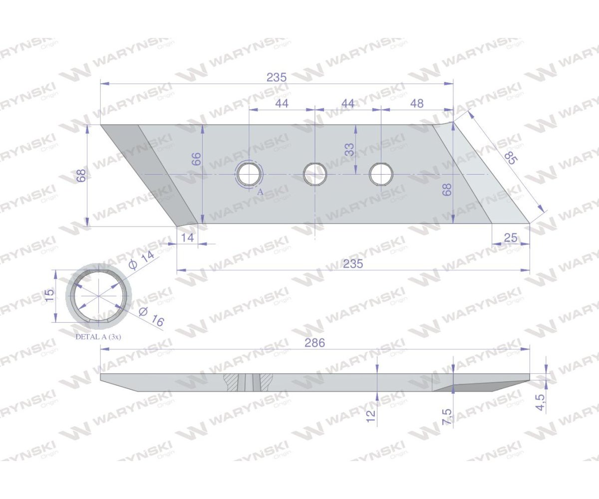 Dłuto nakładka lemiesza lewe trzyotworowe zastosowanie VIS/34 XL Unia Pług stal borowa WARYŃSKI