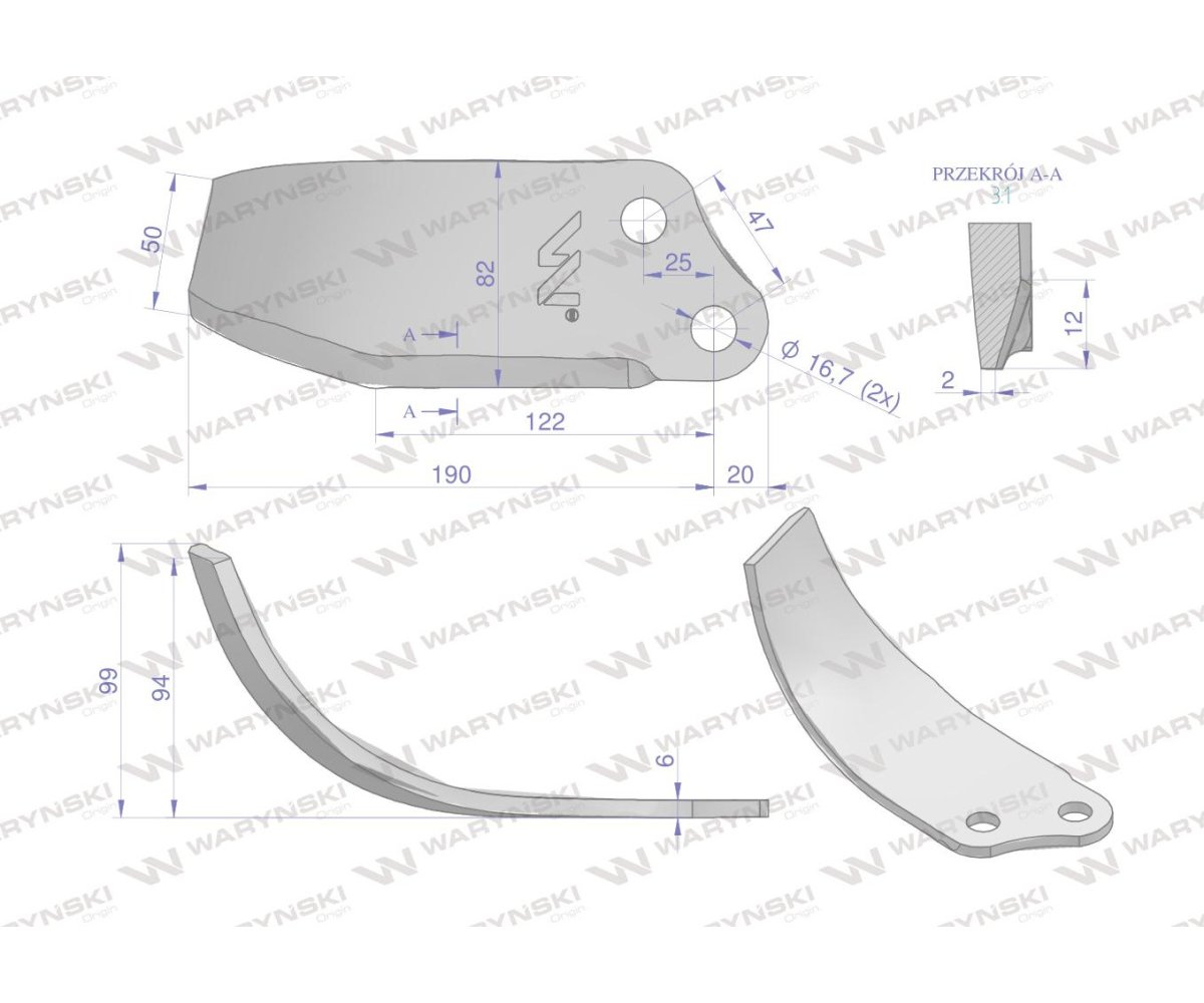 Nóż prawy Glebogryzarka zastosowanie Unia stal borowa Waryński