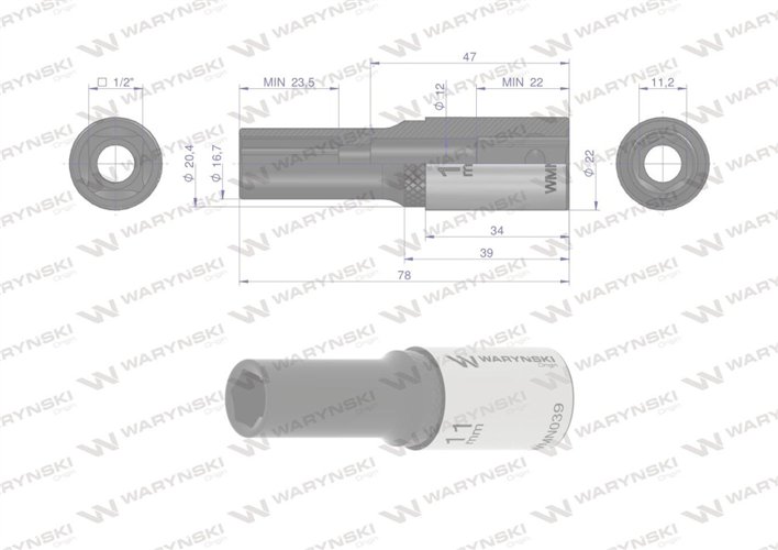 Nasadka sześciokątna 1/2". 11 mm. długa. CrV50BV30. DIN 3124. Waryński