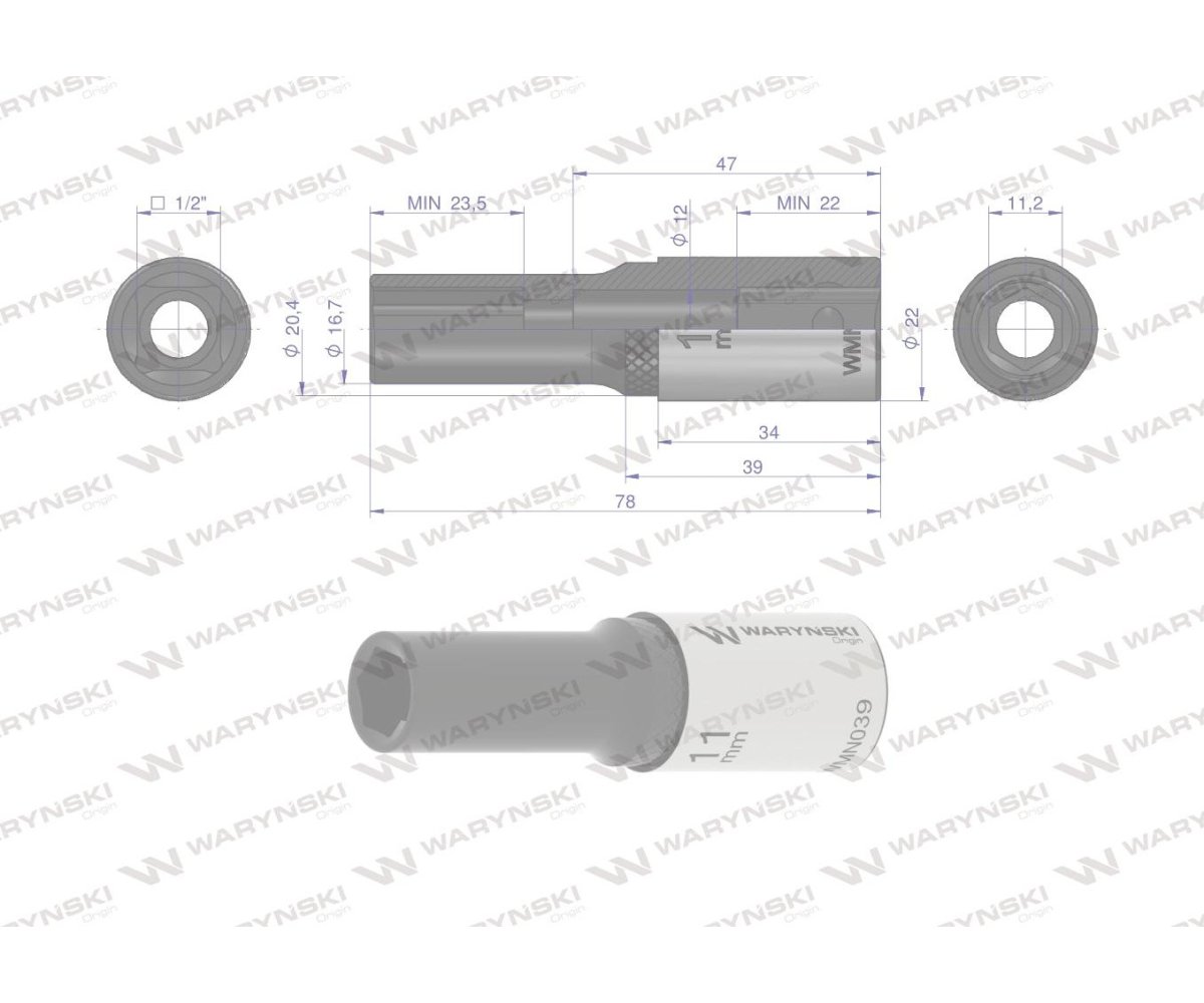 Nasadka sześciokątna 1/2". 11 mm. długa. CrV50BV30. DIN 3124. Waryński