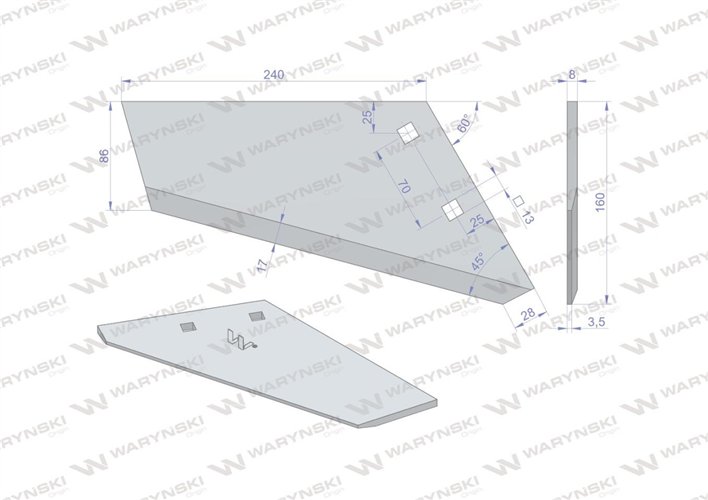Lemiesz agregatu podorywkowego prawy zastosowanie LP-240/2-otwory Gruber Kos Unia stal borowa WARYŃSKI