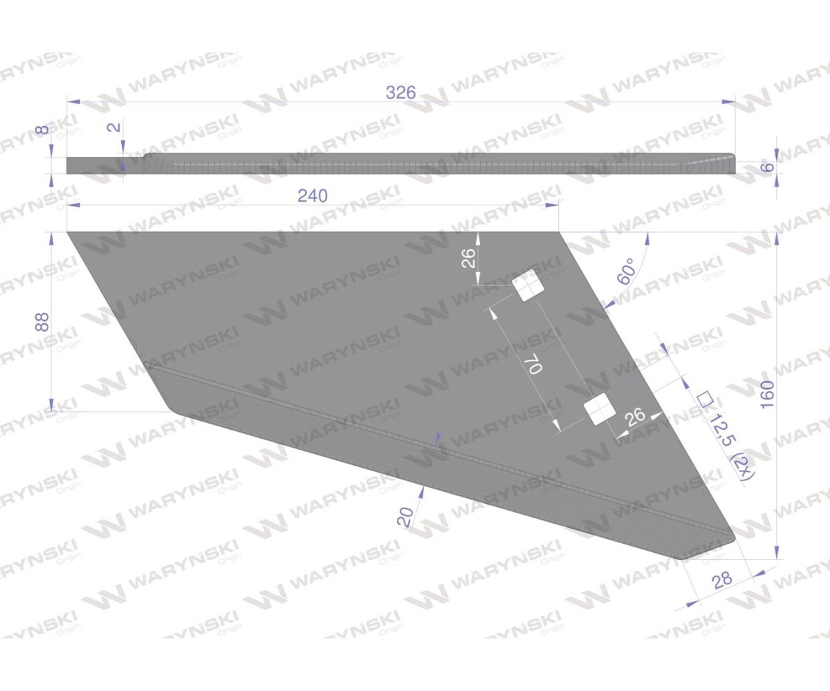 Lemiesz agregatu podorywkowego prawy zamiennik LP-240/2-otwory Gruber Kos Unia stal borowa Napawane WARYŃSKI