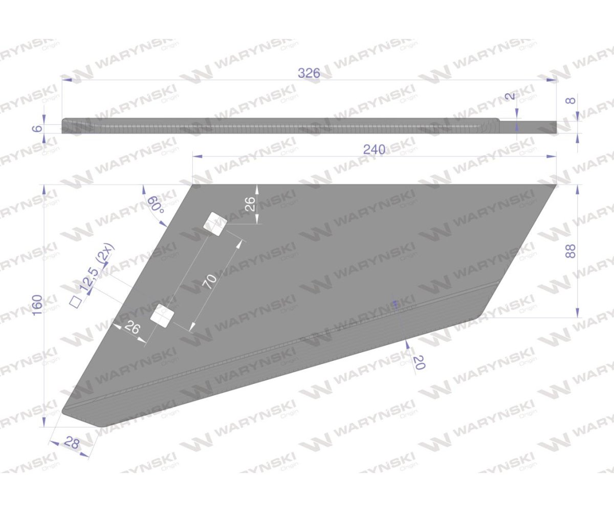 Lemiesz agregatu podorywkowego lewy zamiennik LP-240/2-otwory Gruber Kos Unia stal borowa Napawane WARYŃSKI