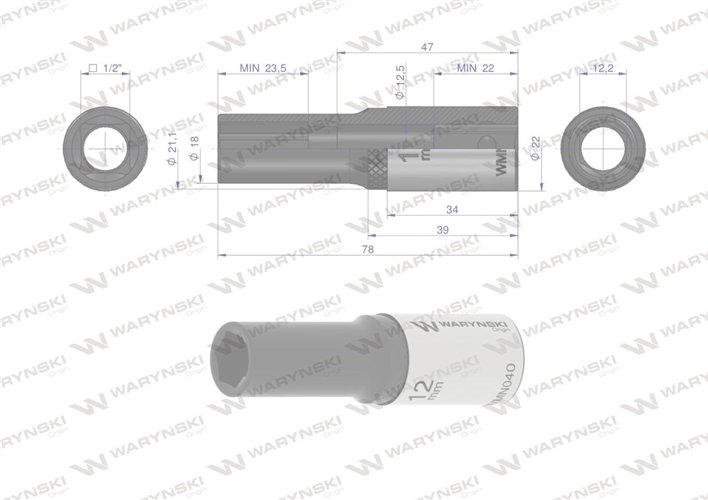 Nasadka sześciokątna 1/2". 12 mm. długa. CrV50BV30. DIN 3124. Waryński