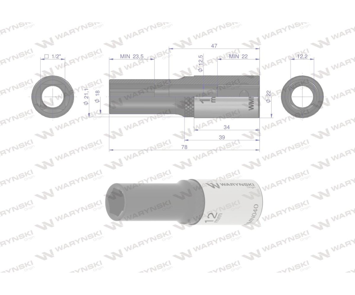 Nasadka sześciokątna 1/2". 12 mm. długa. CrV50BV30. DIN 3124. Waryński