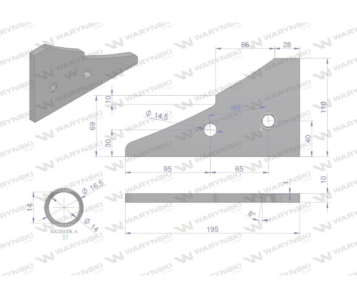 Płoza mała końcówka prawa zastosowanie Kuhn stal borowa WARYŃSKI