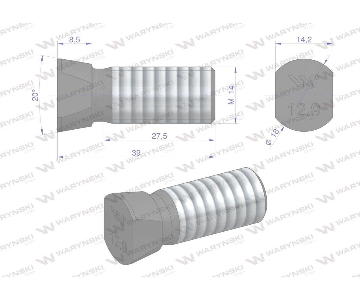 Śruba kpl. płużna oval z dwóch stron ścięta M14x39 mm kl.12.9 zastosowanie Vogel & Noot Waryński M14X39OV2VN ( sprzedawane po 25