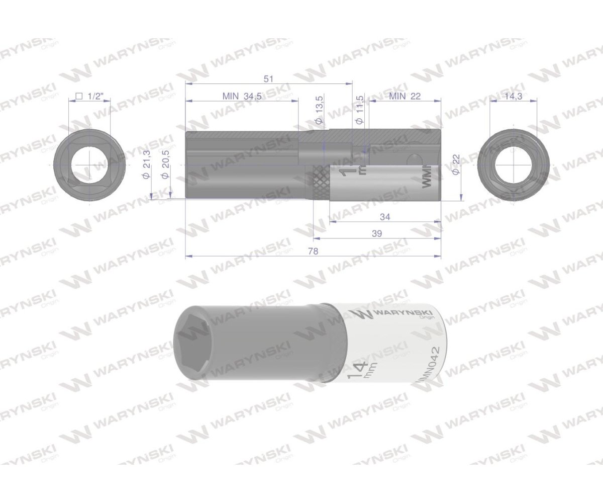 Nasadka sześciokątna 1/2". 14 mm. długa. CrV50BV30. DIN 3124. Waryński