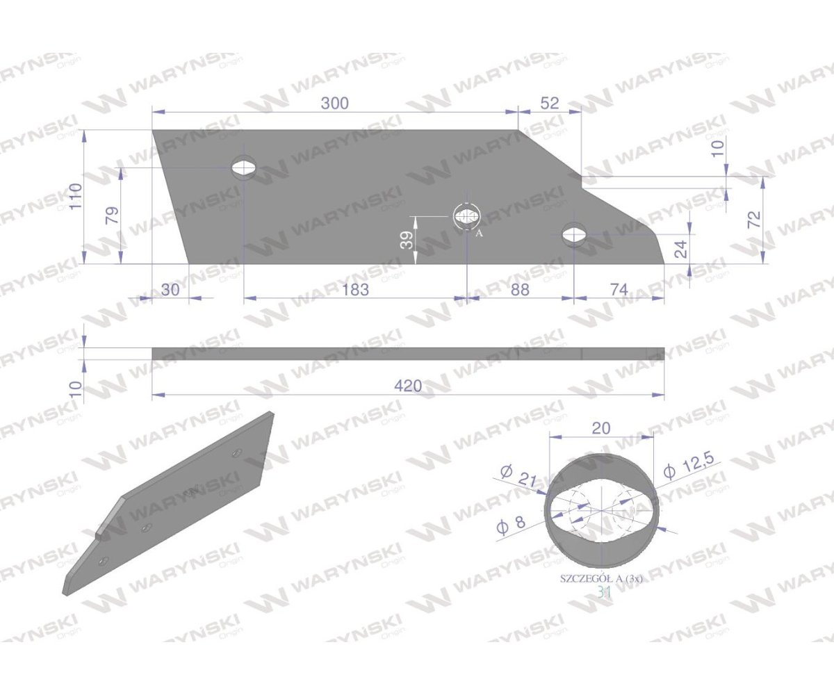 Płoza krótka lewa zastosowanie Kuhn stal borowa WARYŃSKI