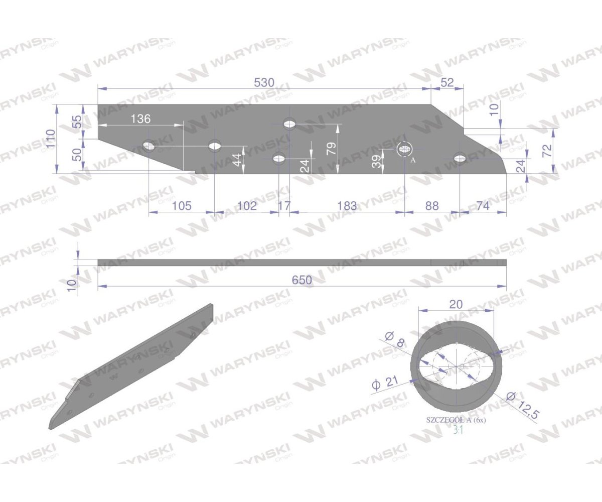Płoza długa lewa zastosowanie Kuhn stal borowa WARYŃSKI