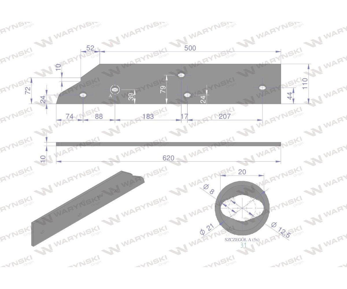 Płoza długa prawa zastosowanie Kuhn 279130 stal borowa WARYŃSKI