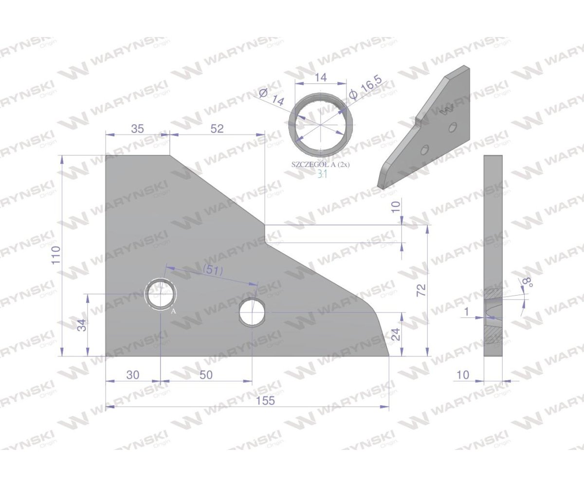 Końcówka płozy lewa zastosowanie Kuhn stal borowa WARYŃSKI