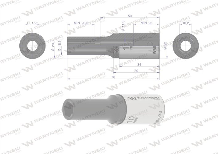 Nasadka sześciokątna 1/2". 10 mm. długa. CrV50BV30. DIN 3124. Waryński