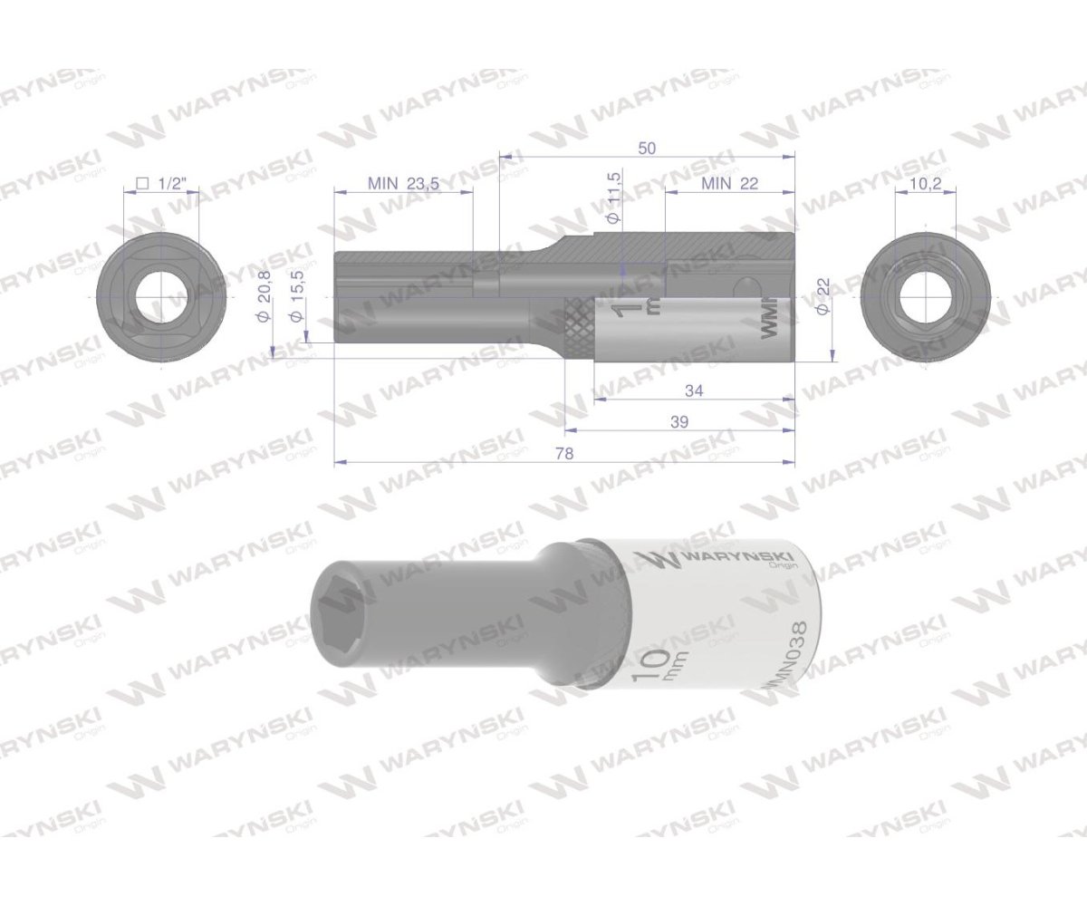 Nasadka sześciokątna 1/2". 10 mm. długa. CrV50BV30. DIN 3124. Waryński
