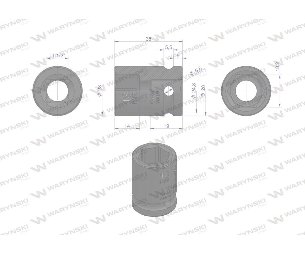 Nasadka udarowa sześciokątna 1/2". 18 mm. CrMo. DIN 3129. Waryński