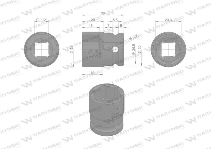 Nasadka udarowa sześciokątna 1/2". 23 mm. CrMo. DIN 3129. Waryński