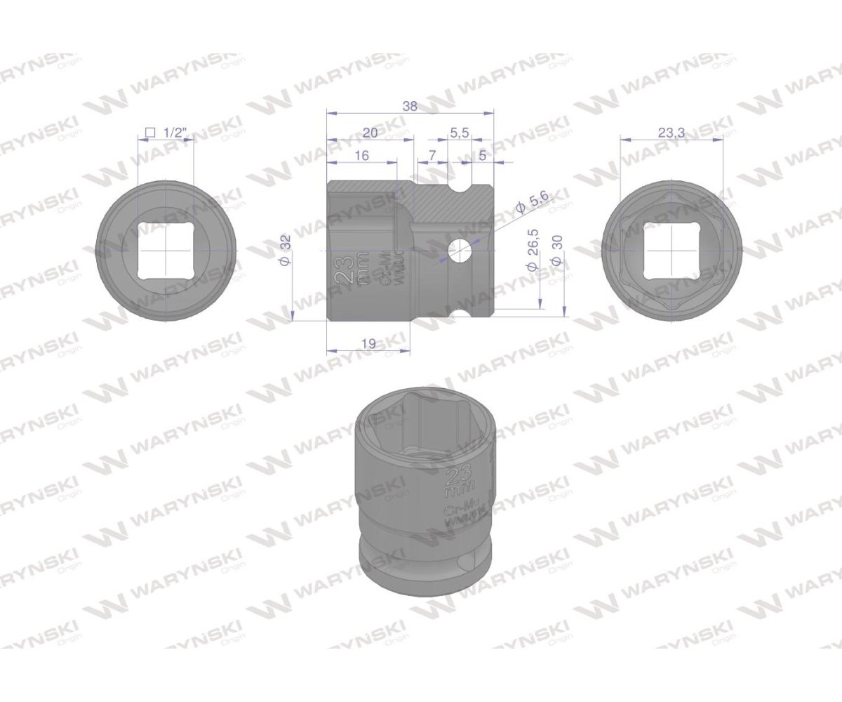 Nasadka udarowa sześciokątna 1/2". 23 mm. CrMo. DIN 3129. Waryński