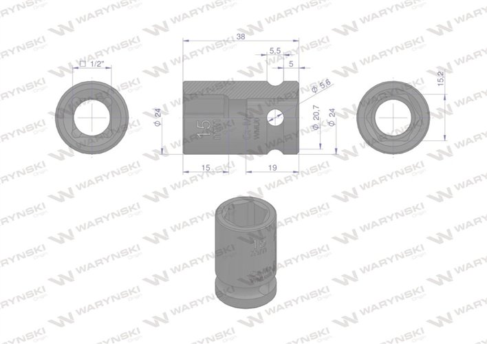 Nasadka udarowa sześciokątna 1/2". 15 mm. CrMo. DIN 3129. Waryński