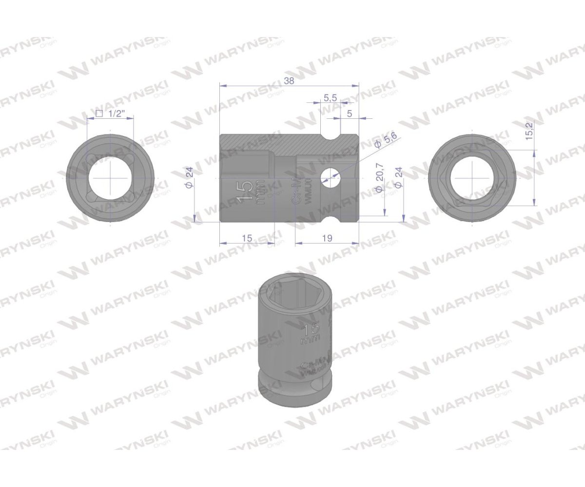 Nasadka udarowa sześciokątna 1/2". 15 mm. CrMo. DIN 3129. Waryński