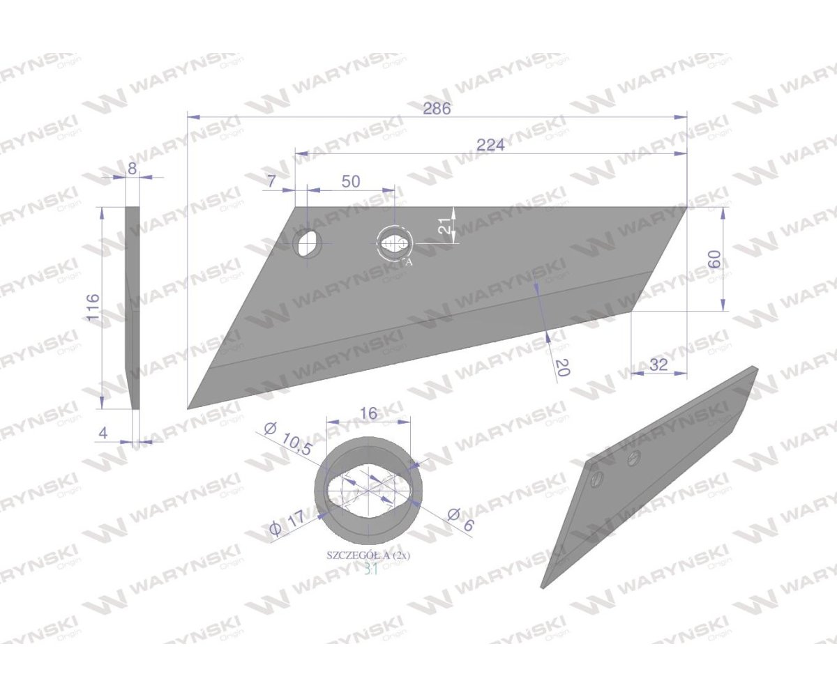 Lemiesz agregatu podorywkowego lewy 260mm/2-otwory 925371 Gruber typ Brodnica RAU Uniwersalne WARYŃSKI